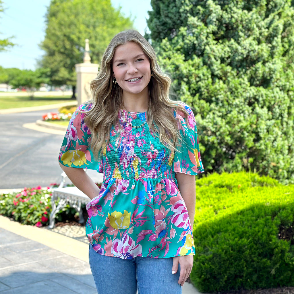 Hibiscus Blooms Top Turquoise J. Spencer