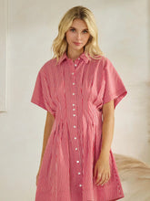 Button Down Pleated Shirt Stripe Dress in Red/White
