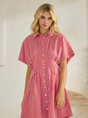 Button Down Pleated Shirt Stripe Dress in Red/White