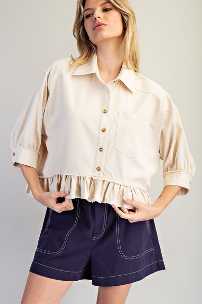 ee:some Button Down Half Sleeve Ruffle Hem Shirt in Bone