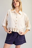 ee:some Button Down Half Sleeve Ruffle Hem Shirt in Bone