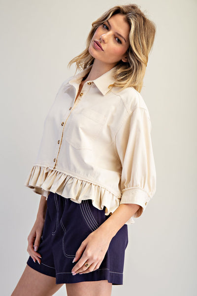 ee:some Button Down Half Sleeve Ruffle Hem Shirt in Bone