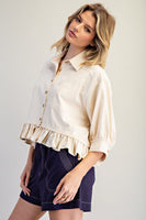 ee:some Button Down Half Sleeve Ruffle Hem Shirt in Bone