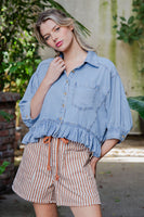 ee:some Ruffled Hem Button Down Denim Top