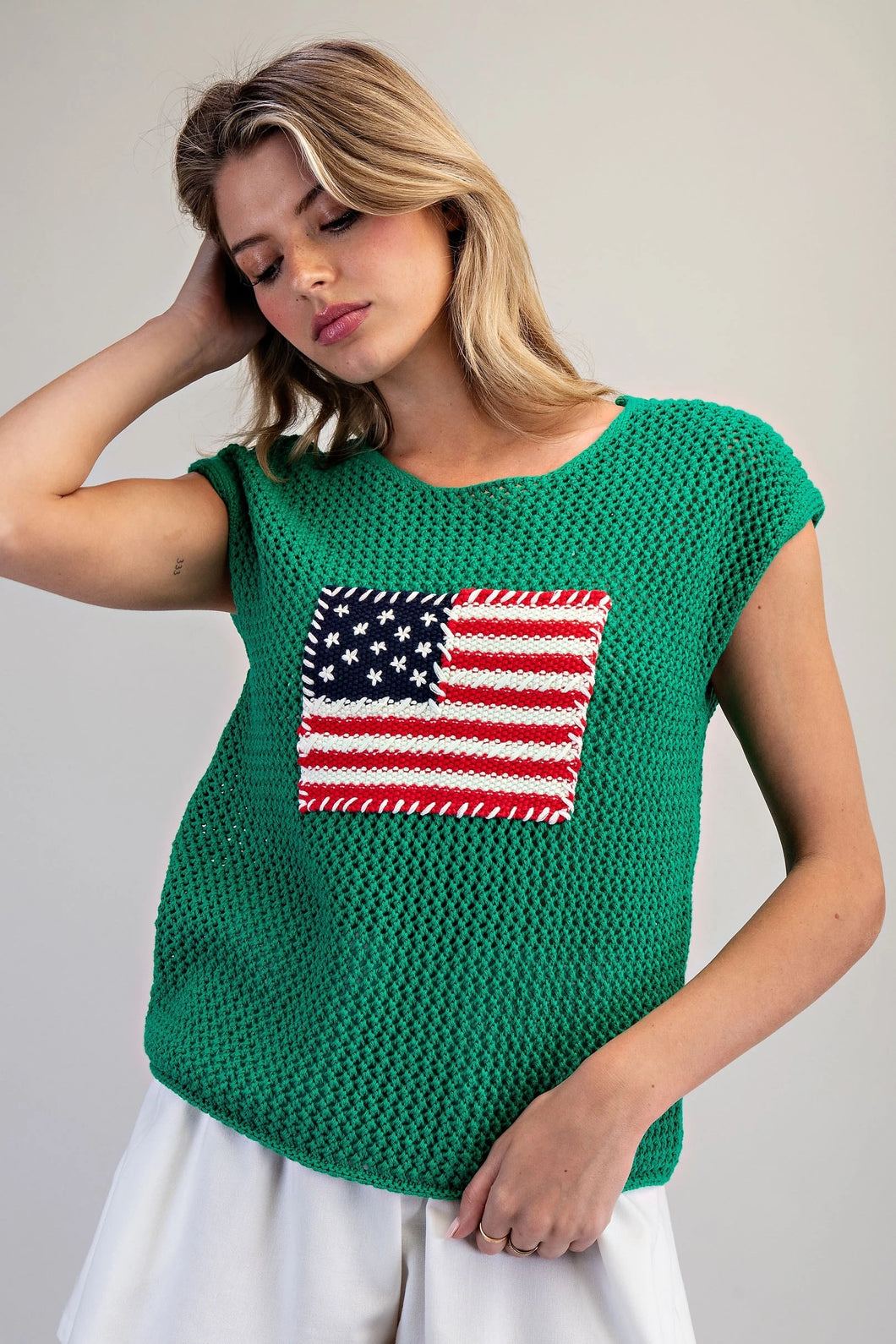 ee:some Stars & Stripes Knit Cap Sleeve Top in Kelly Green