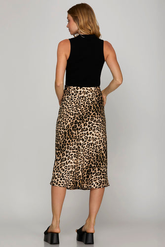 She + Sky Leopard Print Satin Midi Skirt