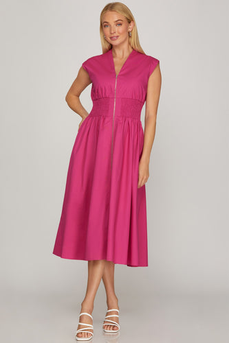 She & Sky DROP SHOULDER SMOCKED WAIST MIDI DRESS IN FUSHIA
