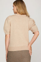 She + Sky Short Sleeve Ruffled Sleeve Sweater  in Taupe