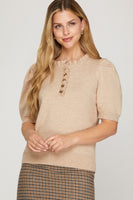 She + Sky Short Sleeve Ruffled Sleeve Sweater  in Taupe