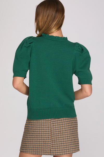 She + Sky Short Sleeve Ruffled Sleeve Sweater  in Sea Green