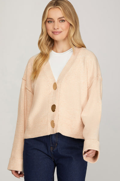 She + Sky Long Sleeve Button Down Sweater Cardigan in Red Oatmeal