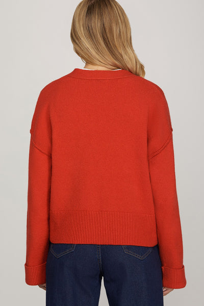 She + Sky Long Sleeve Button Down Sweater Cardigan in Red