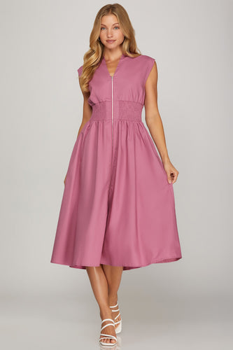 She & Sky DROP SHOULDER SMOCKED WAIST MIDI DRESS IN MAUVE PINK