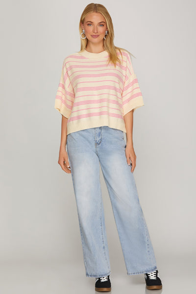 She + Sky Pink & White Striped Sweater Top
