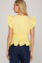 She + Sky DROP RUFFLED SLEEVE V NECK WOVEN TOP