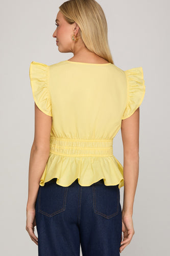 She + Sky DROP RUFFLED SLEEVE V NECK WOVEN TOP