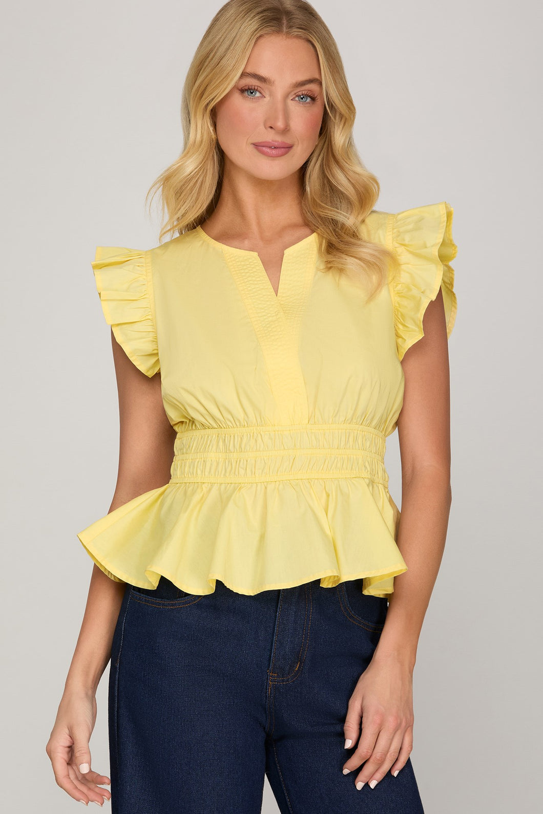 She + Sky DROP RUFFLED SLEEVE V NECK WOVEN TOP