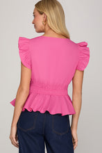 She + Sky DROP RUFFLED SLEEVE V NECK WOVEN TOP