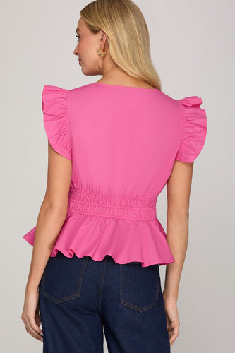 She + Sky DROP RUFFLED SLEEVE V NECK WOVEN TOP