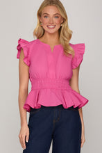She + Sky DROP RUFFLED SLEEVE V NECK WOVEN TOP