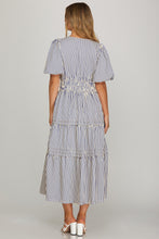 She & Sky Puff Sleeve Striped Midi Dress in Navy