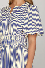 She & Sky Puff Sleeve Striped Midi Dress in Navy