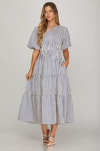 She & Sky Puff Sleeve Striped Midi Dress in Navy