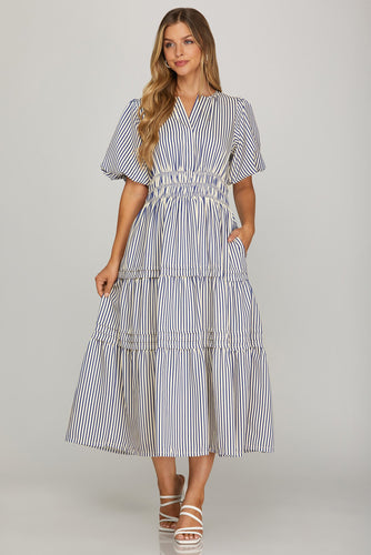 She & Sky Puff Sleeve Striped Midi Dress in Navy