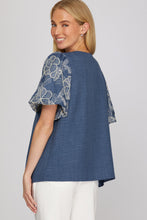 She + Sky Embroidered Puff Sleeve Top in Denim