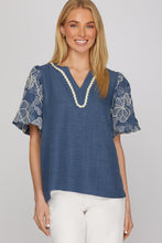 She + Sky Embroidered Puff Sleeve Top in Denim