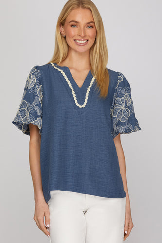 She + Sky Embroidered Puff Sleeve Top in Denim