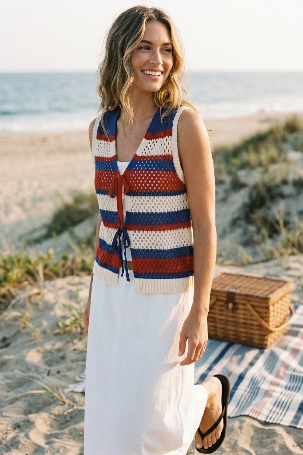 She + Sky STRIPPED SWEATER VEST WITH BOW TIE