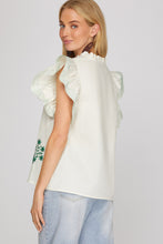 She + Sky Ruffle Sleeve Top in Cream with Green