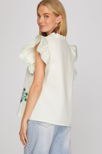 She + Sky Ruffle Sleeve Top in Cream with Green