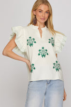 She + Sky Ruffle Sleeve Top in Cream with Green