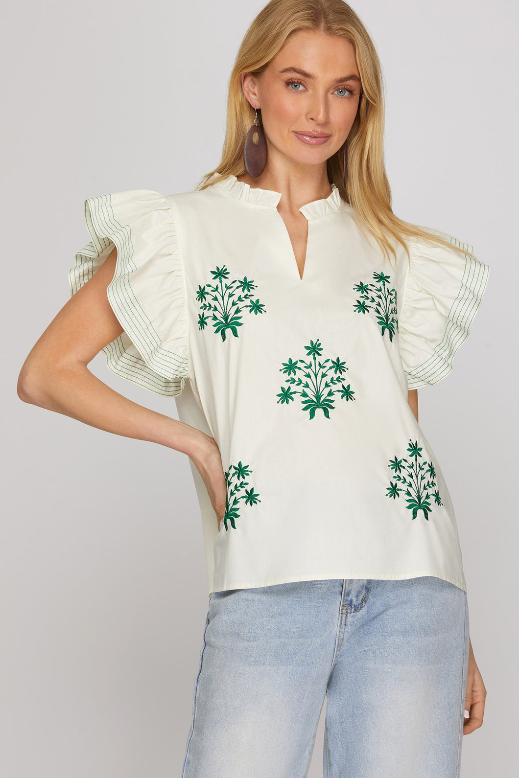 She + Sky Ruffle Sleeve Top in Cream with Green