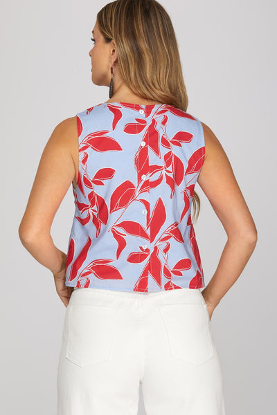 She + Sky SLEEVELESS BACK BUTTON DOWN PRINTED TOP