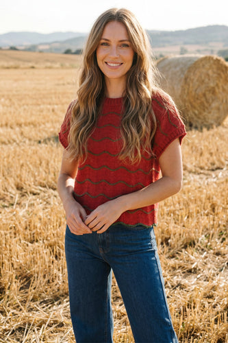 She + Sky Short Sleeve Scallop Sweater in Red