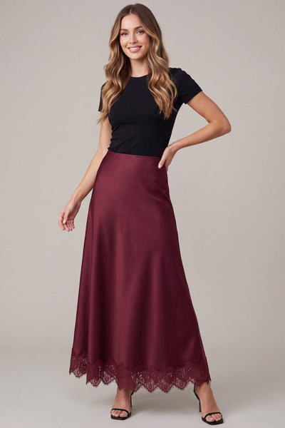 She + Sky Satin Maxi Skirt in Wine