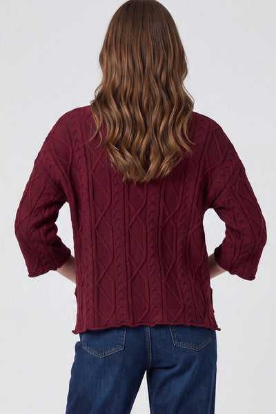 She + Sky 3/4 Sleeve Cable Knit Sweater Top in Wine