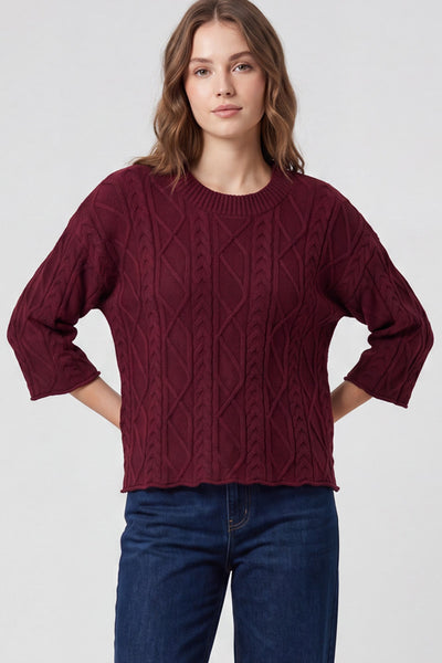 She + Sky 3/4 Sleeve Cable Knit Sweater Top in Wine