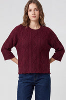She + Sky 3/4 Sleeve Cable Knit Sweater Top in Wine