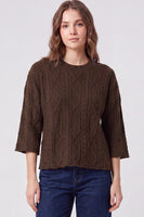 She + Sky 3/4 Sleeve Cable Knit Sweater Top in Brown