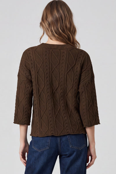 She + Sky 3/4 Sleeve Cable Knit Sweater Top in Brown