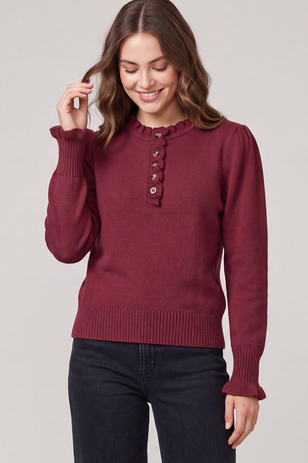 She + Sky Long Sleeve Ruffled Sleeve Sweater