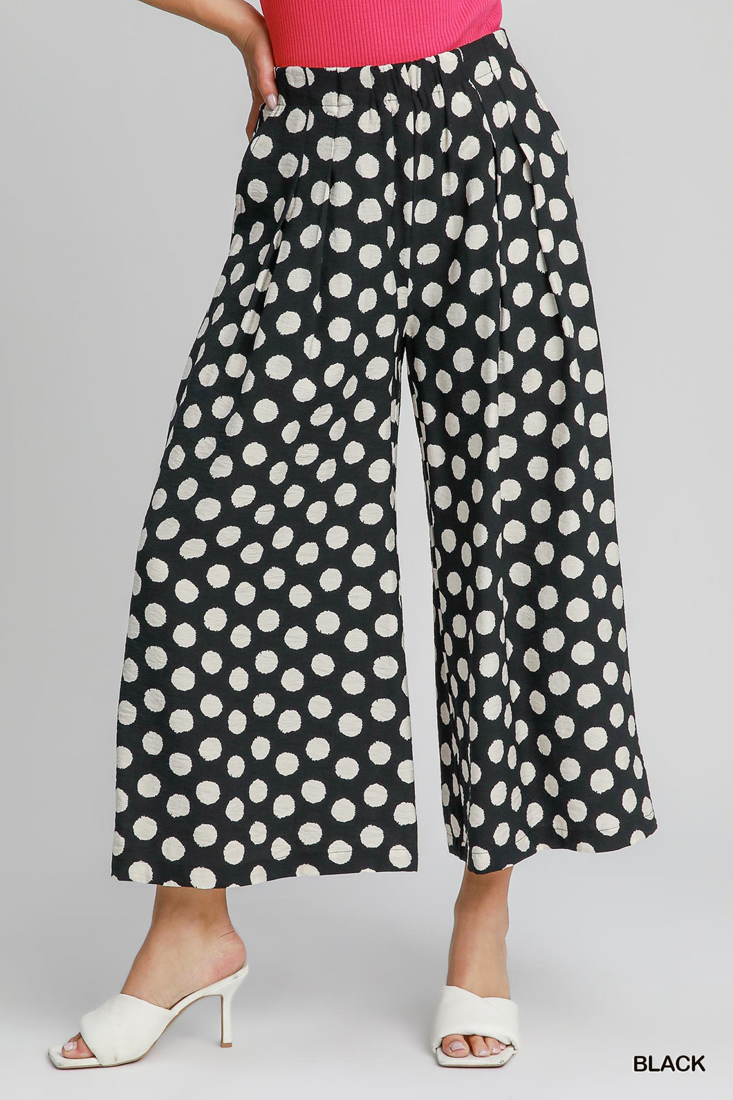 Umgee Playful Polka Wide Leg Pants in Black with White