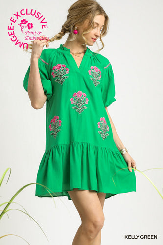Umgee Boho Floral Embroidered Mini Dress in Kelly Green