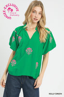 UMGEE  Embroidered Floral Puff Sleeve Blouse in Kelly Green