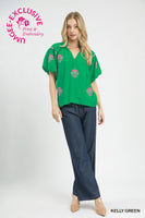 UMGEE  Embroidered Floral Puff Sleeve Blouse in Kelly Green