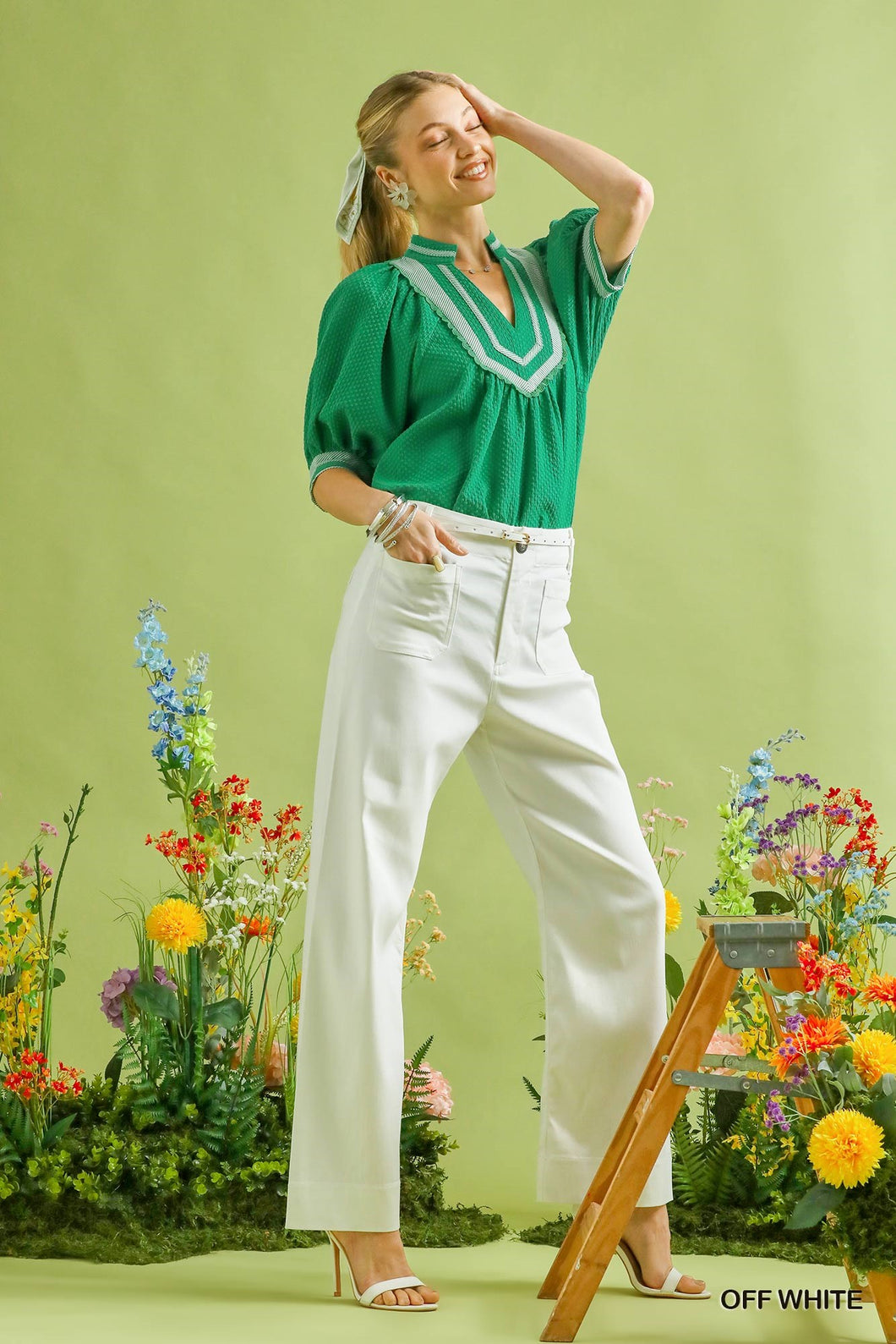 Umgee Button Stretched Pants in Off White